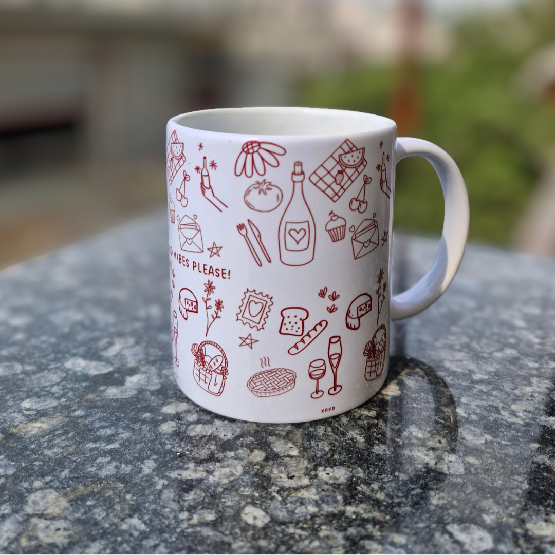 Pass the good vibes please | Cute Red Doodle Art Coffee Cup | Inspirational Quote Tea Mug for Morning Routine | Unique Gift