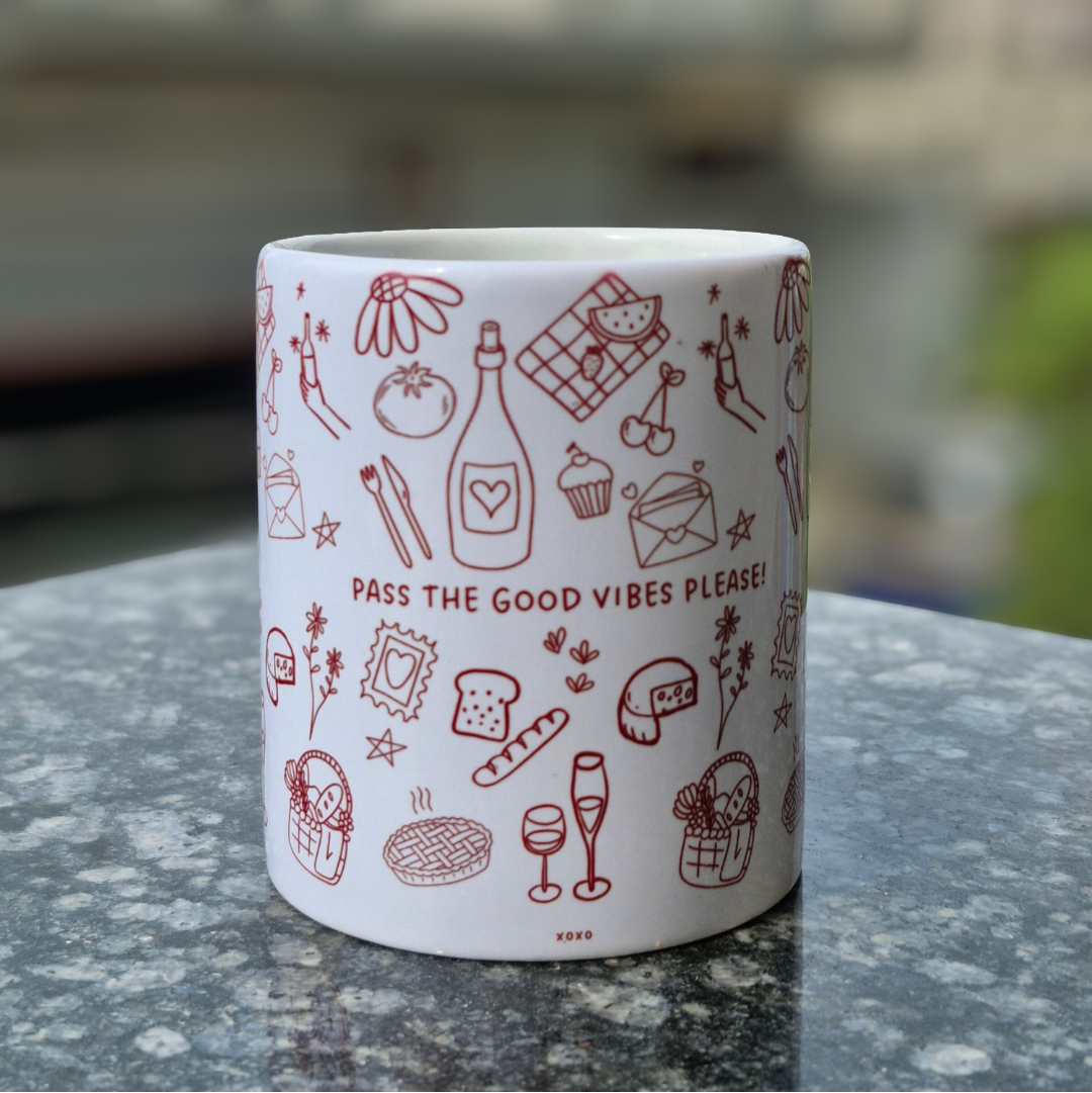 Pass the good vibes please | Cute Red Doodle Art Coffee Cup | Inspirational Quote Tea Mug for Morning Routine | Unique Gift