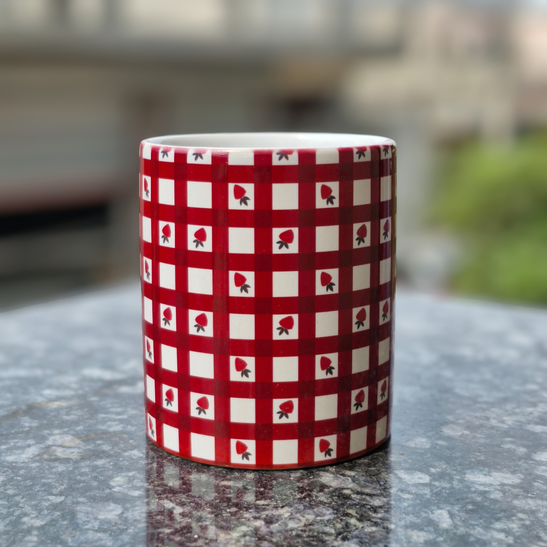 Strawberry Gingham Checkered Mug | Cute Red & White Picnic Vibe Coffee Cup | Cottagecore Kitchen Decor Gift
