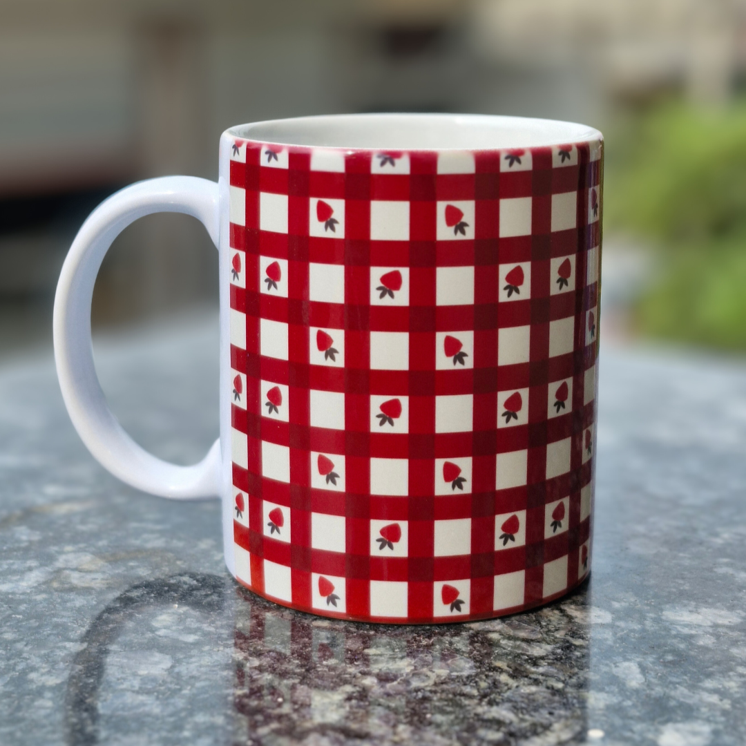 Strawberry Gingham Checkered Mug | Cute Red & White Picnic Vibe Coffee Cup | Cottagecore Kitchen Decor Gift