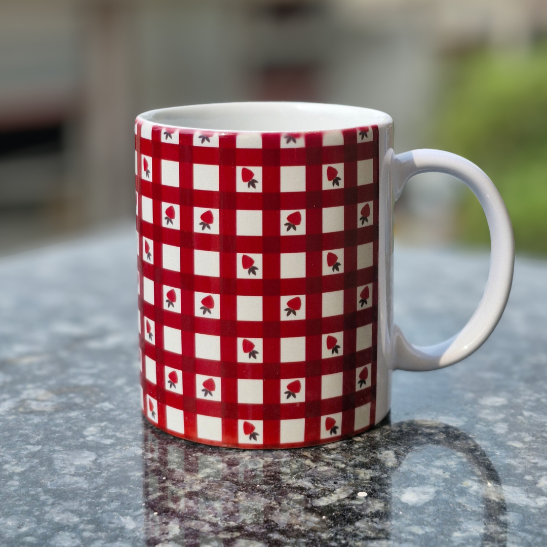 Strawberry Gingham Checkered Mug | Cute Red & White Picnic Vibe Coffee Cup | Cottagecore Kitchen Decor Gift