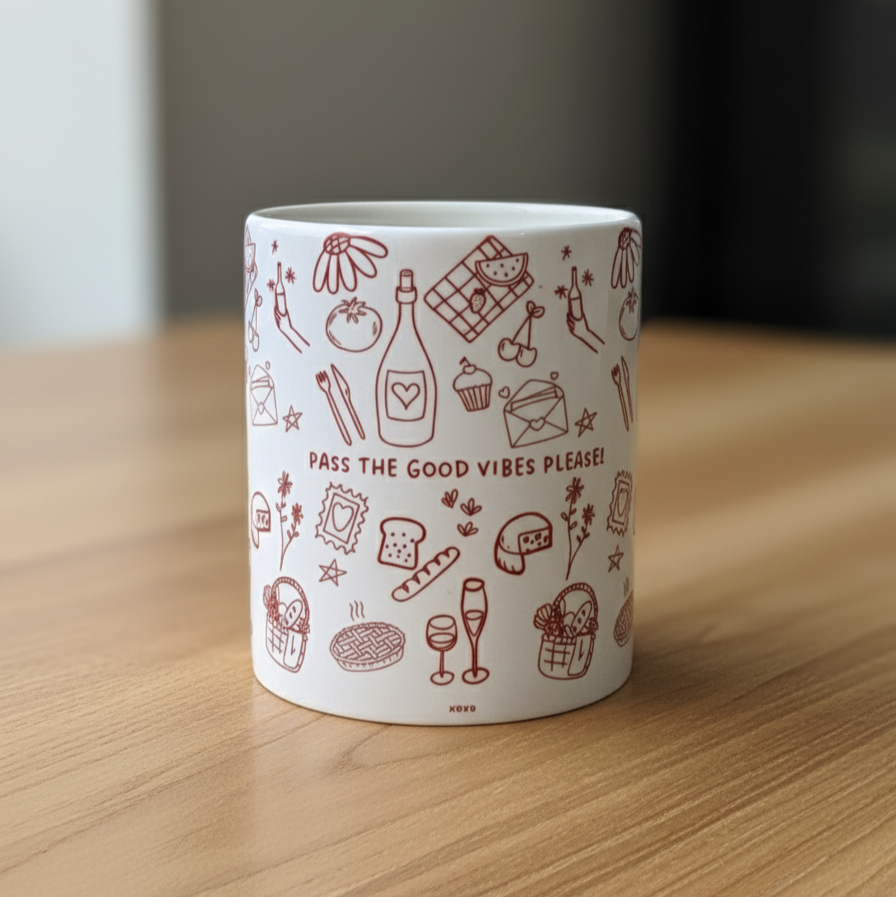 Pass the good vibes please | Cute Red Doodle Art Coffee Cup | Inspirational Quote Tea Mug for Morning Routine | Unique Gift