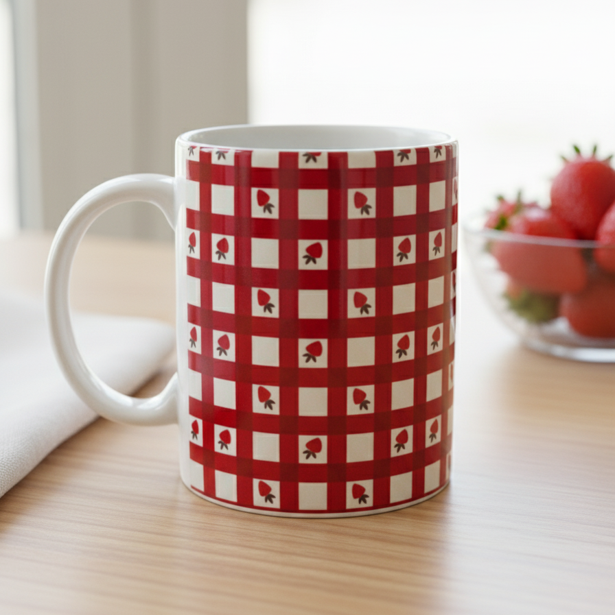 Strawberry Gingham Checkered Mug | Cute Red & White Picnic Vibe Coffee Cup | Cottagecore Kitchen Decor Gift